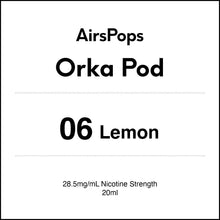AirsPops Orka Pod packaging with '06 Lemon' flavor and nicotine strength details.