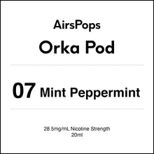 AirsPops Orka Pod packaging with 07 Mint Peppermint flavor and nicotine strength details.