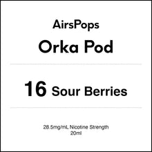 AirsPops Orka Pod packaging with 16 Sour Berries flavor and nicotine strength details.