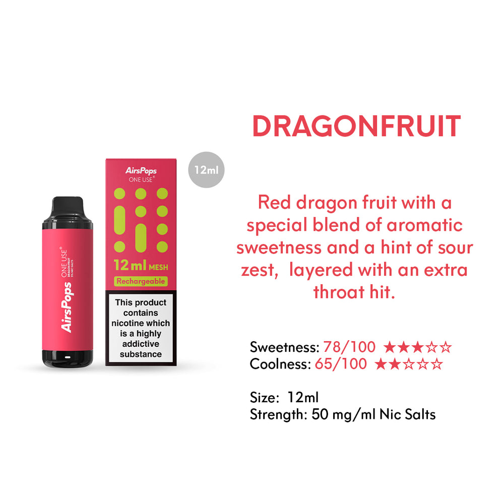 Dragon Fruit -- AIRSCREAM AirsPops ONE USE (Disposable) 12ml Mesh Specifications