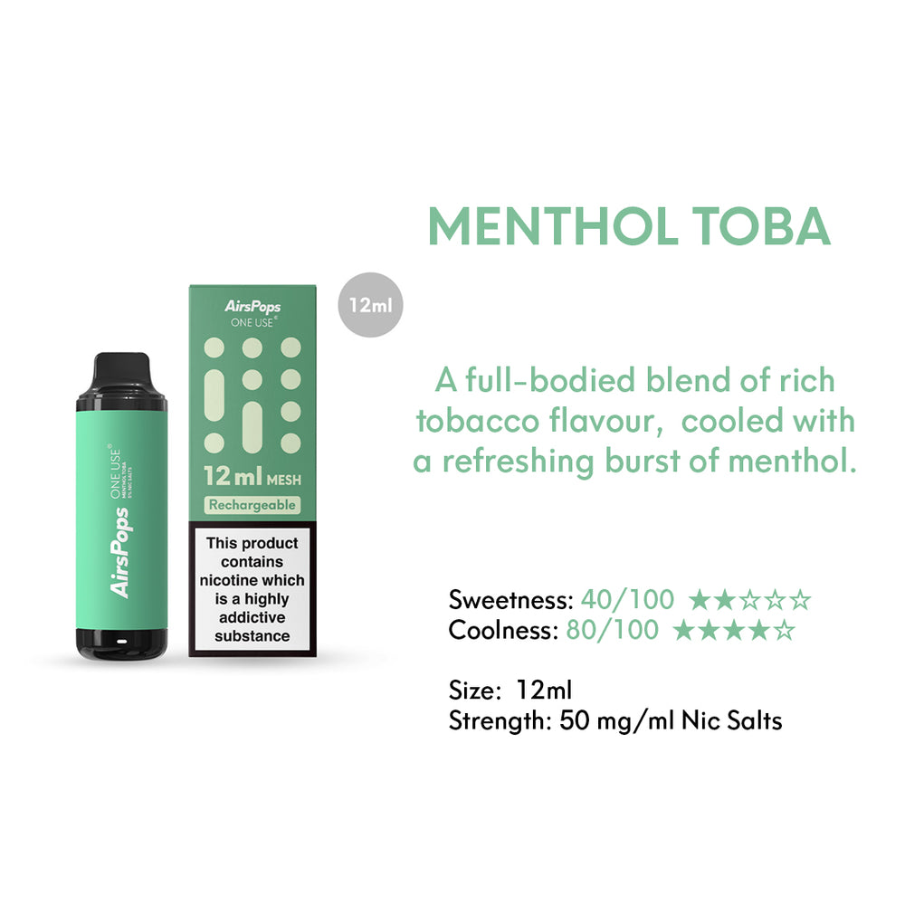 Menthol Toba -- AIRSCREAM AirsPops ONE USE (Disposable) 12ml Mesh Specifications