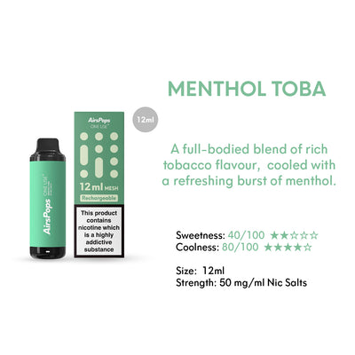 Menthol Toba -- AIRSCREAM AirsPops ONE USE (Disposable) 12ml Mesh Specifications