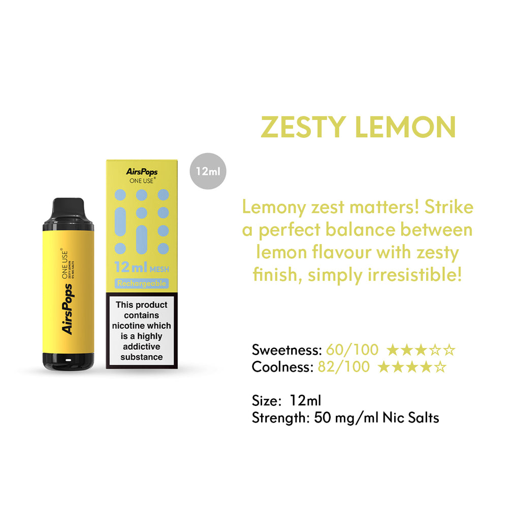 Zesty Lemon -- AIRSCREAM AirsPops ONE USE (Disposable) 12ml Mesh Specifications